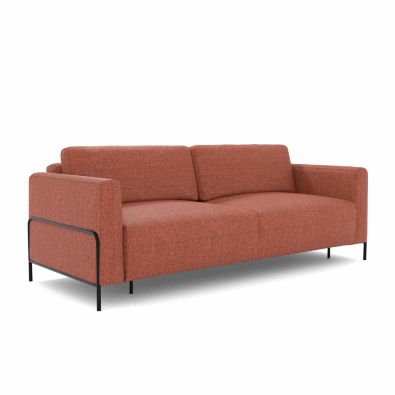 Rozkładana sofa z pojemnikiem na pościel w kolorze ceglastym.