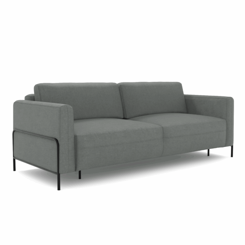 Rozkładana sofa Arte z pojemnikiem na pościel w kolorze szarym.