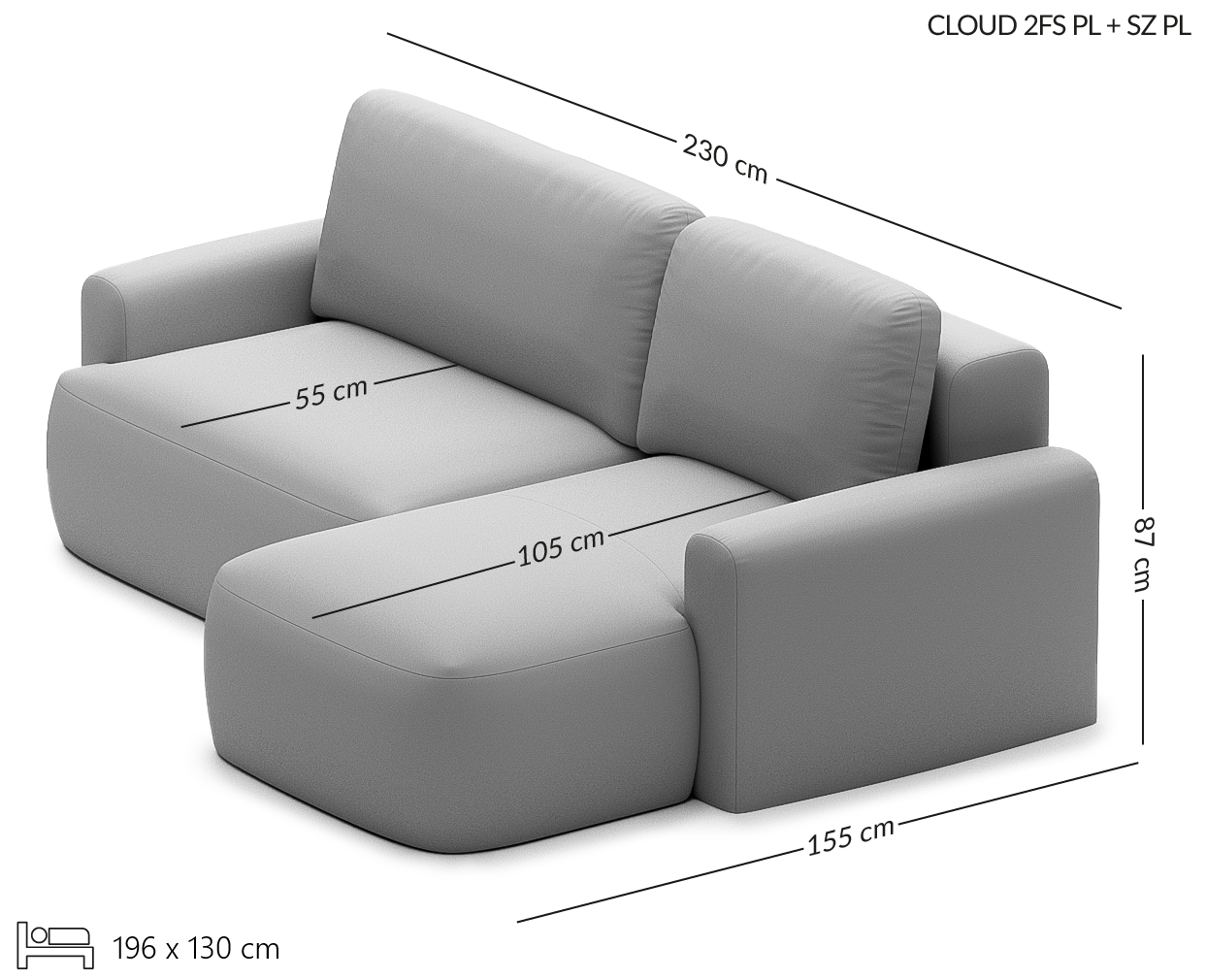 CLOUD small corner sofa wymiary