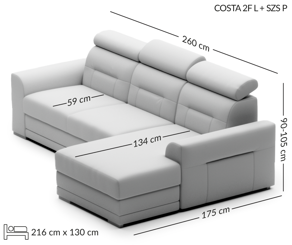 COSTA corner sofa with chaise longue wymiary