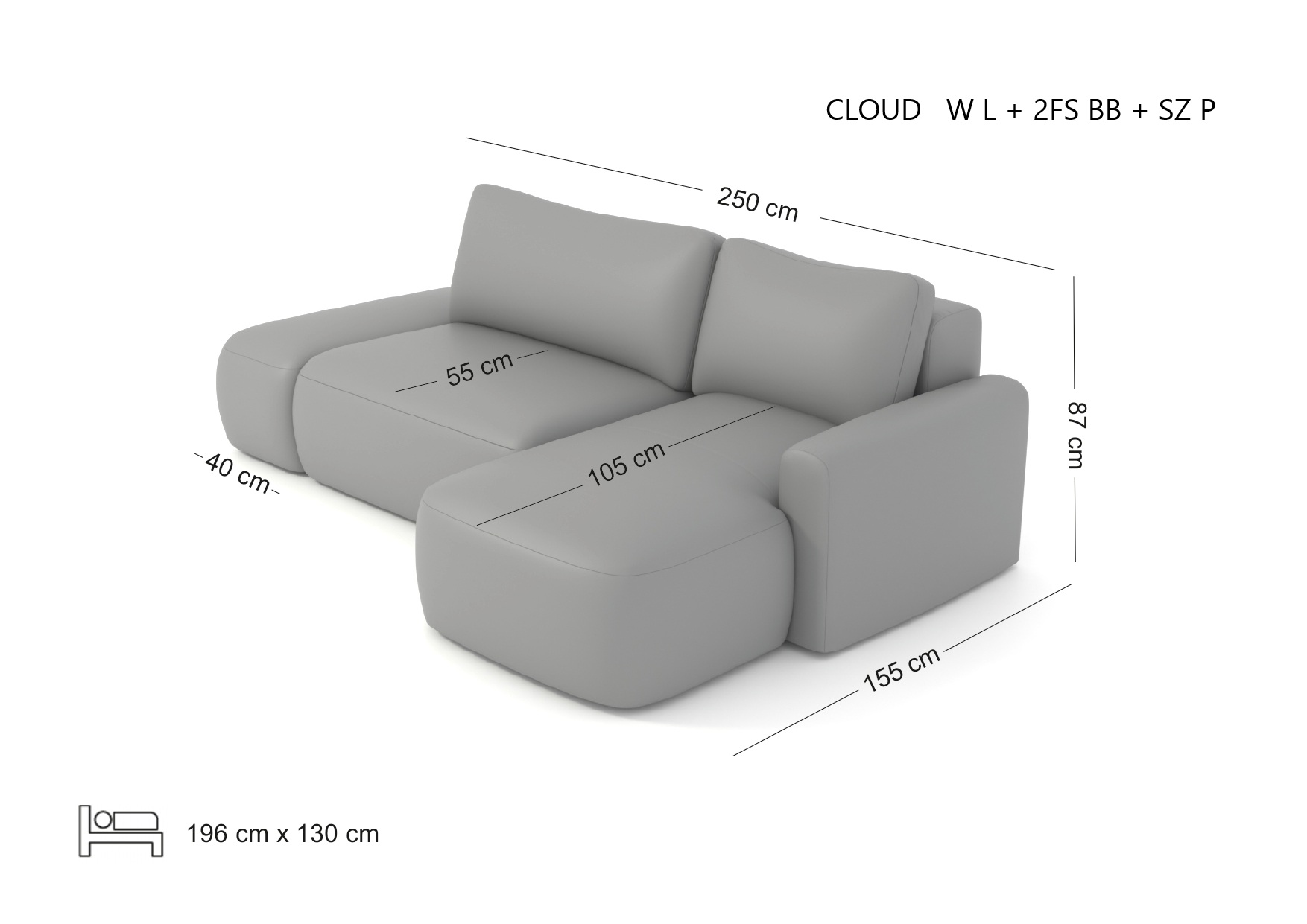 CLOUD narożnik z odłączaną pufką-podnóżkiem wymiary