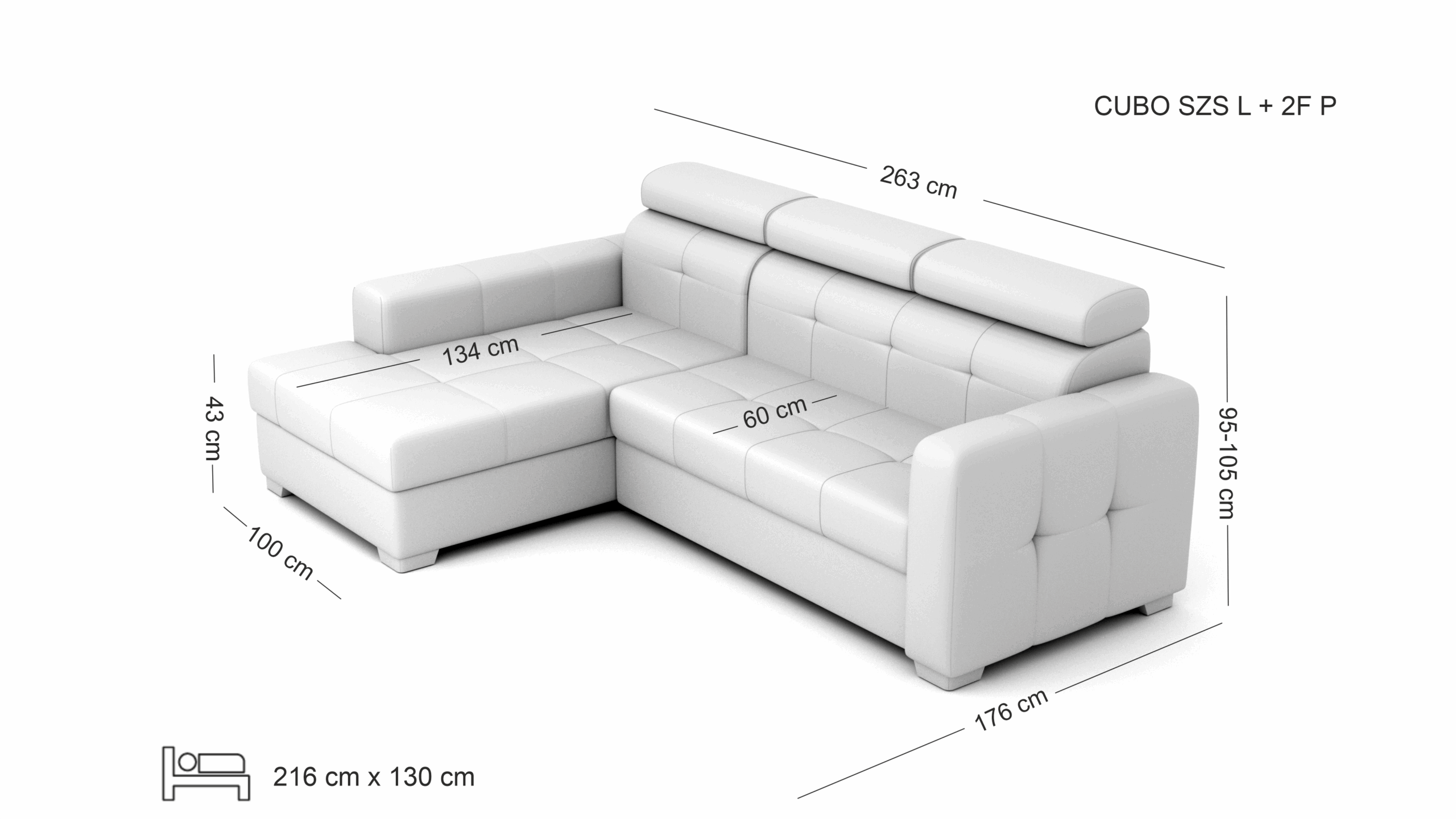 CUBO rozkładany narożnik z pojemnikiem wymiary