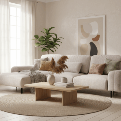 beżowy narożnik z funkcją spania w nowoczesnym stylu