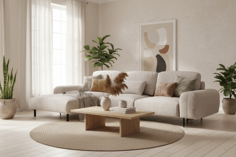 beżowy narożnik z funkcją spania w nowoczesnym stylu