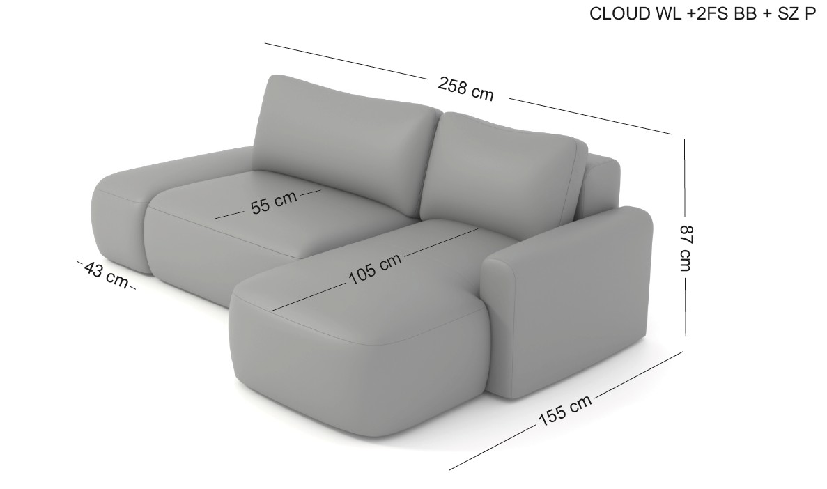 CLOUD narożnik z odłączaną pufką-podnóżkiem wymiary