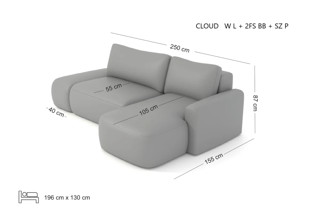 CLOUD narożnik z odłączaną pufką-podnóżkiem wymiary