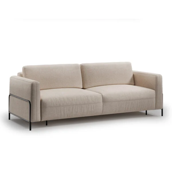 Rozkładana sofa Arte z pojemnikiem na pościel w kolorze beżowym.